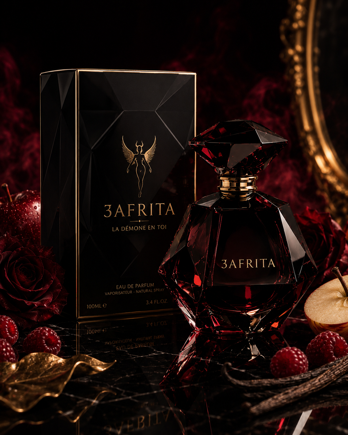 Parfum feminin 3AFRITA dans une ambiance rouge sombre